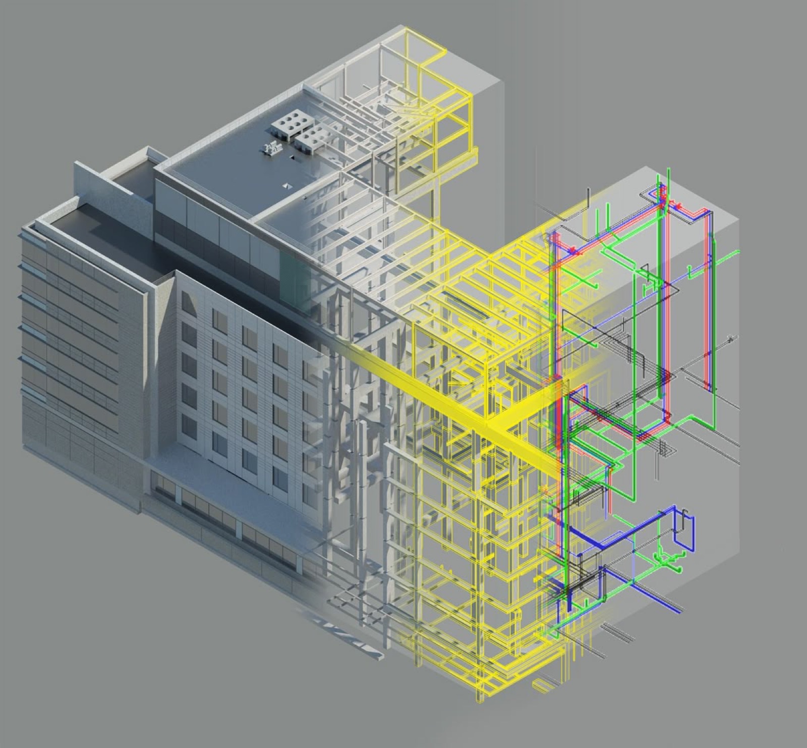 BIM building model with colored MEP systems