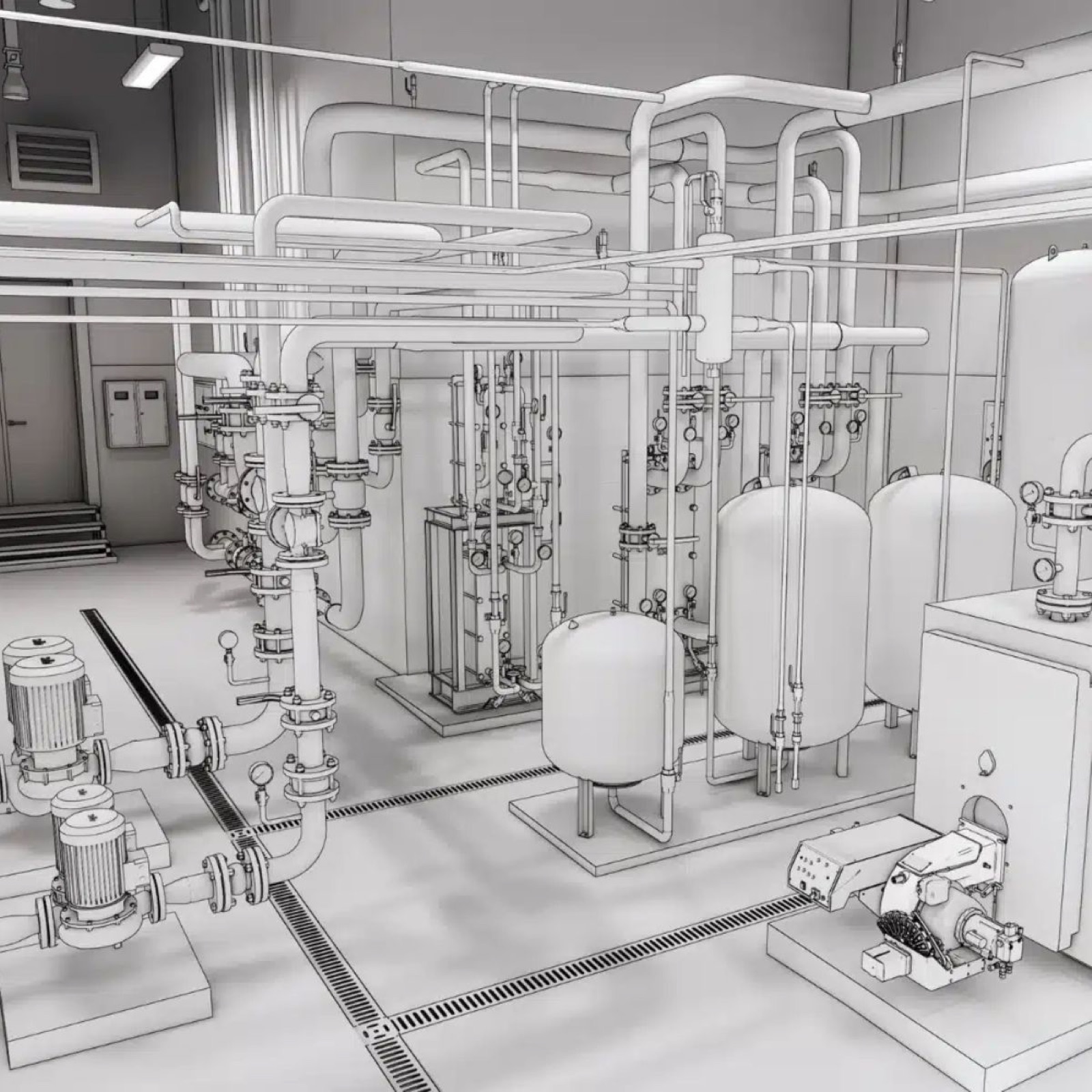 3D model of mechanical room with pumps and piping